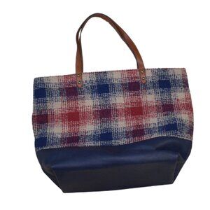 Large Plaid Tote Purse Red Tan Blue Shoulder Bag Faux Leather